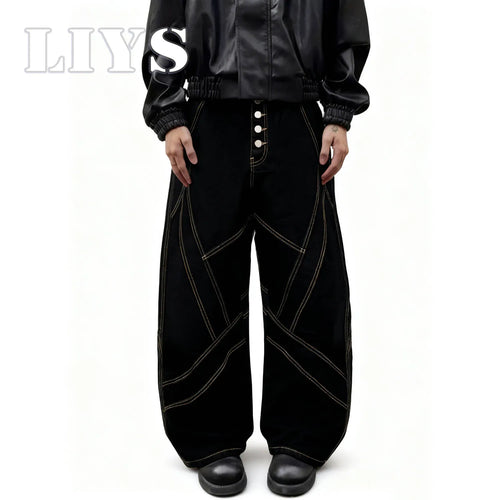 Gold Geometric Stitch Baggy Wide Leg Black Jeans – Unisex Streetwear Denim
