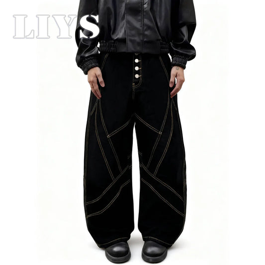 Gold Geometric Stitch Baggy Wide Leg Black Jeans – Unisex Streetwear Denim