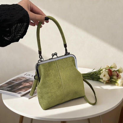 Large Capacity Retro Frosted Handbag Kiss Lock PU Leather