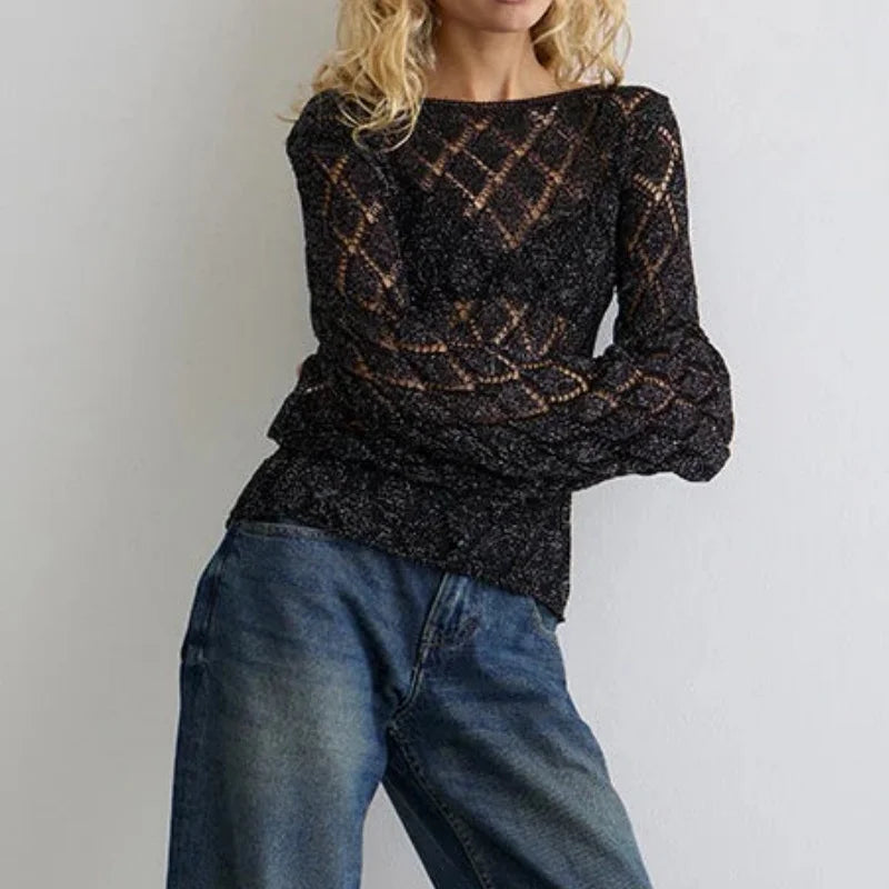 Crochet Mesh Top Women – Sheer Glitter Long Sleeve Shirt