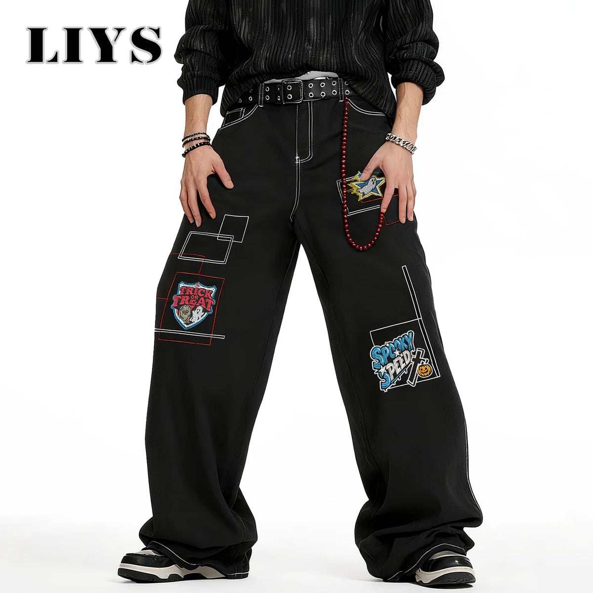 Y2K Embroidered Baggy Wide Leg Black Jeans – Hip-Hop Streetwear Denim