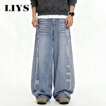 Men S American Retro Street Blue Baggy Wide Leg Jeans Korean Side Ripped Loose Personalized Design