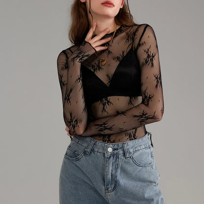 Sheer Mesh Floral Top Women Long Sleeve Crew Neck Slim Fit Pullover