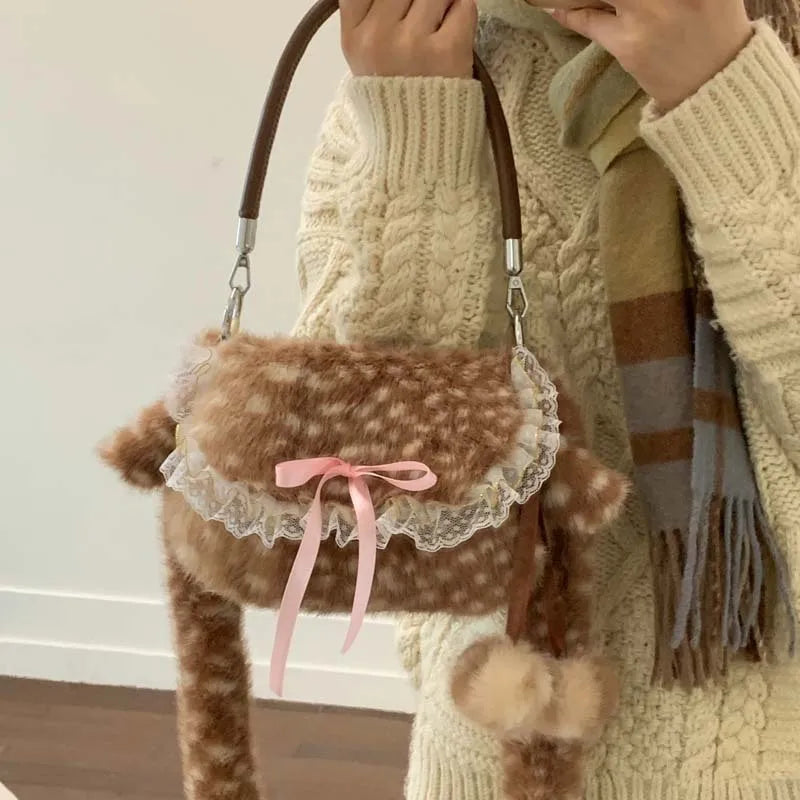 Women Plush Deer Spotted Handbag