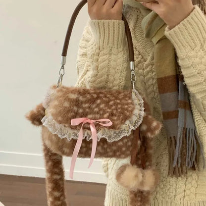 Women Plush Deer Spotted Handbag