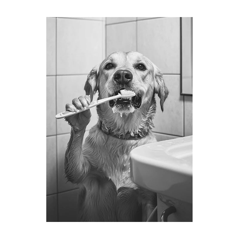 Funny Animal Bathroom Wall Art Poster – Black & White Vintage Print