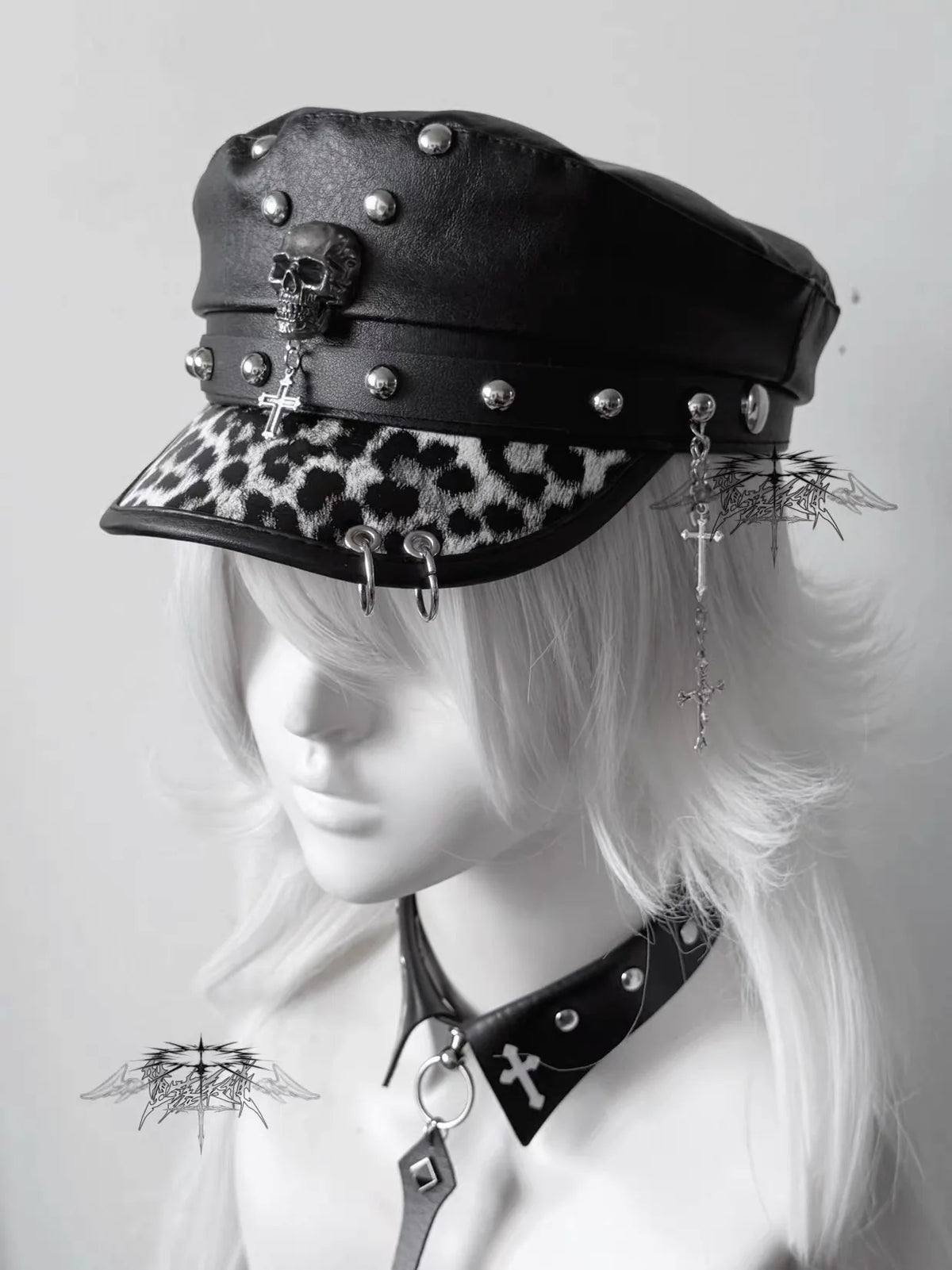 Punk PU Leather Military Beret with Skull Rivets & Chain