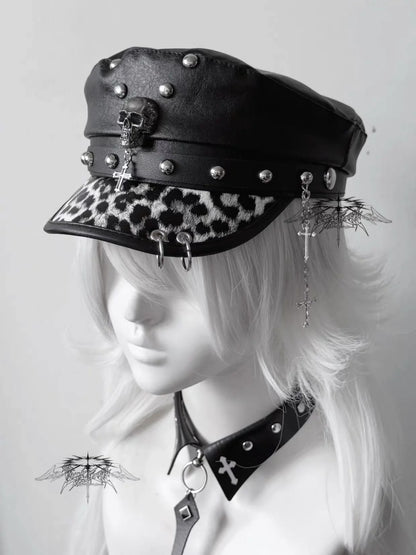 Punk PU Leather Military Beret with Skull Rivets & Chain