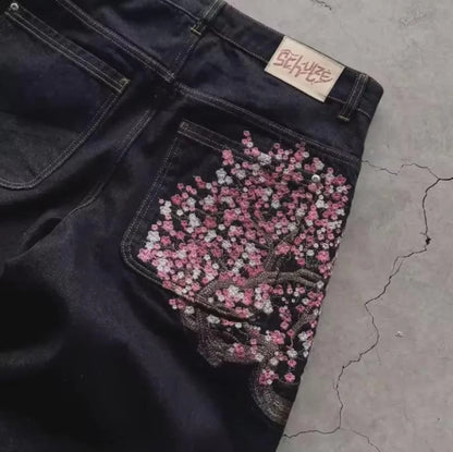 Baggy Flare Jeans with Dollar Sign Embroidery – Y2K Wide Leg Denim