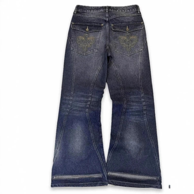 Mens Jeans Harajuku Vintage Streetwear Embroidery Hip Hop Denim Pants Washed Distressed Straight Leg