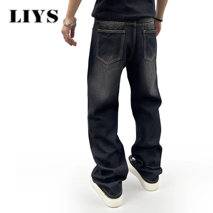 Baggy Straight Leg Jeans Men – Black Washed Retro Denim Pants