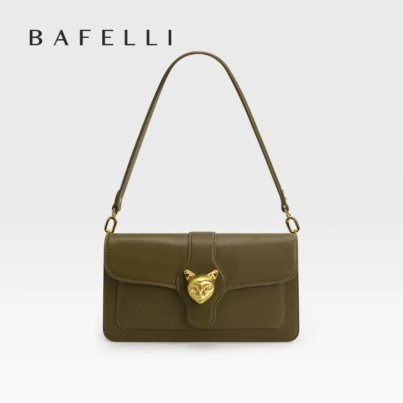 Leather Baguette Crossbody Shoulder Bag with Cat Clasp