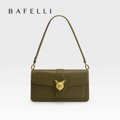 Leather Baguette Crossbody Shoulder Bag with Cat Clasp
