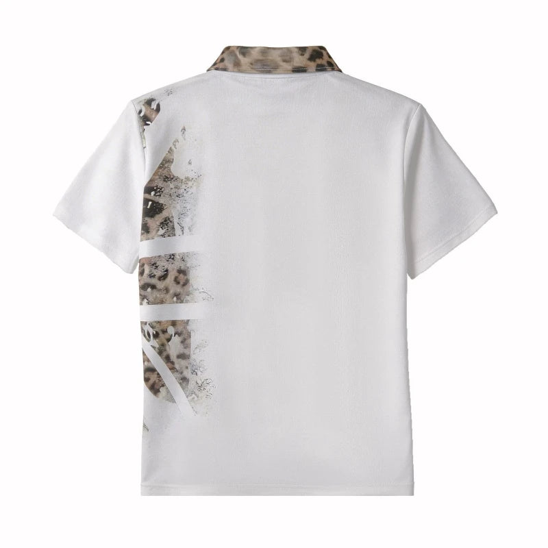 Y2K Polo Shirt Men Union Jack Leopard Print Glitter Harajuku Streetwear