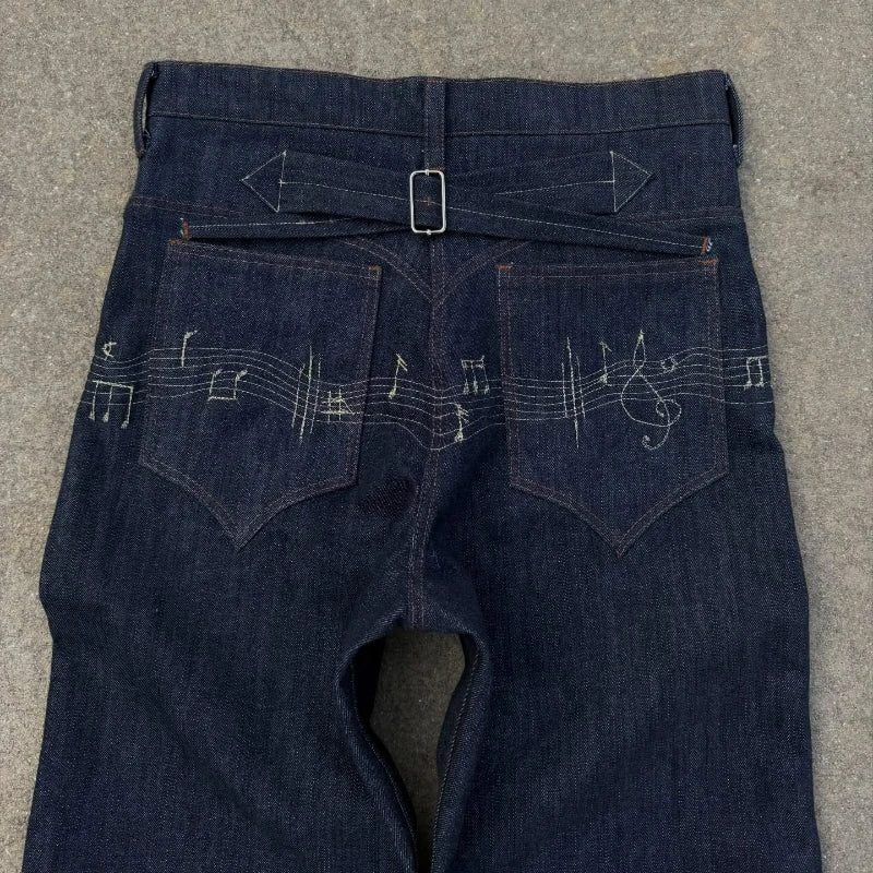 Y2K Music Note Embroidery Flare Jeans – Unisex Streetwear Denim
