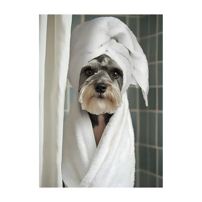 Funny Dog Bathroom Poster – Schnauzer in Bathrobe Wall Art Print
