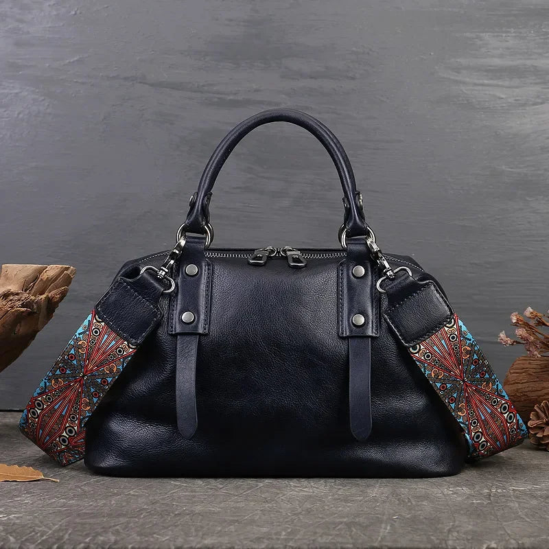 Genuine Leather Boston Bag – Women's Designer Shoulder Handbag with Wide Strap