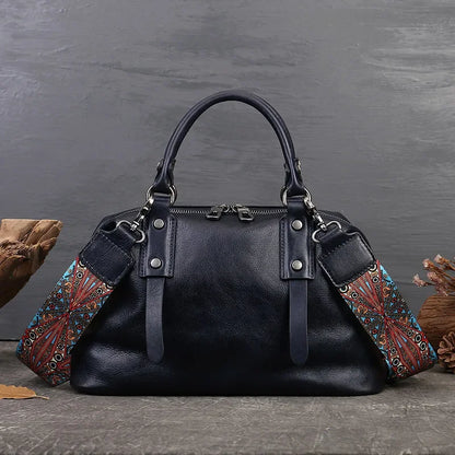 Genuine Leather Boston Bag – Women's Designer Shoulder Handbag with Wide Strap