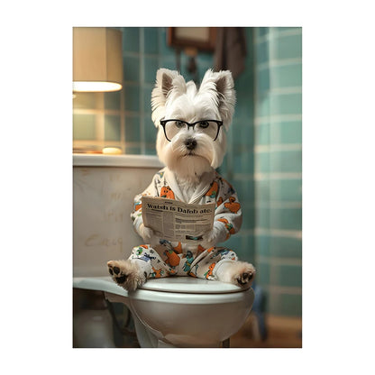Funny Dog Bathroom Poster – Dog Reading Newspaper on Toilet Wall Art