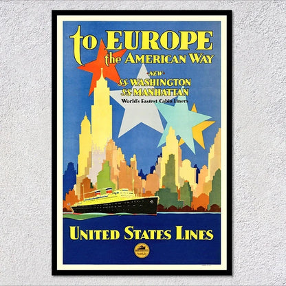 Vintage Travel Ship Poster – Blue Star Line Retro Ocean Liner Wall Art Unframed