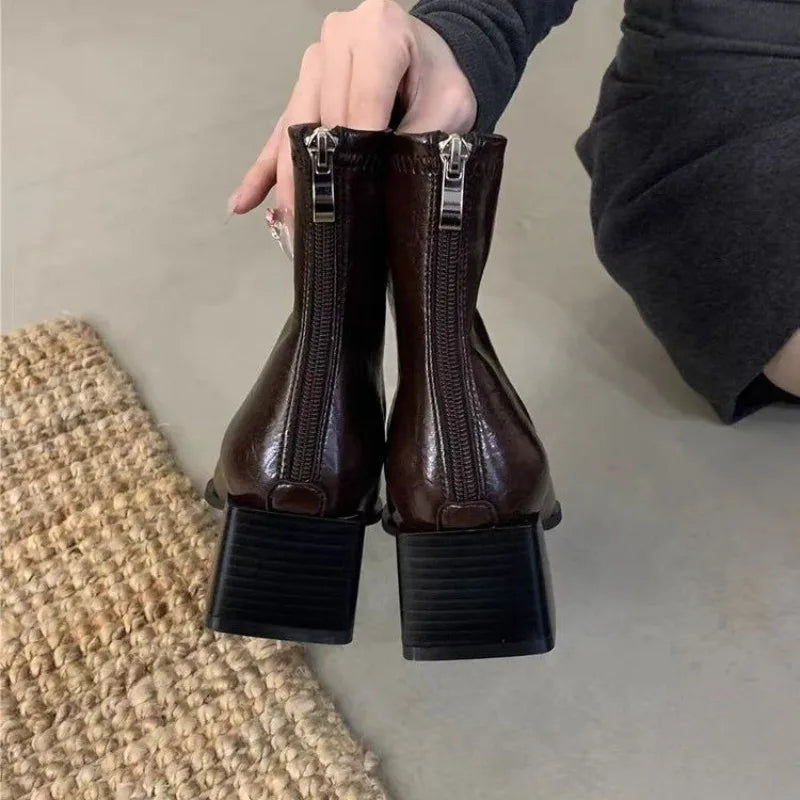 Women's Pointed Toe Ankle Boots – Square Mid Heel Short Boots