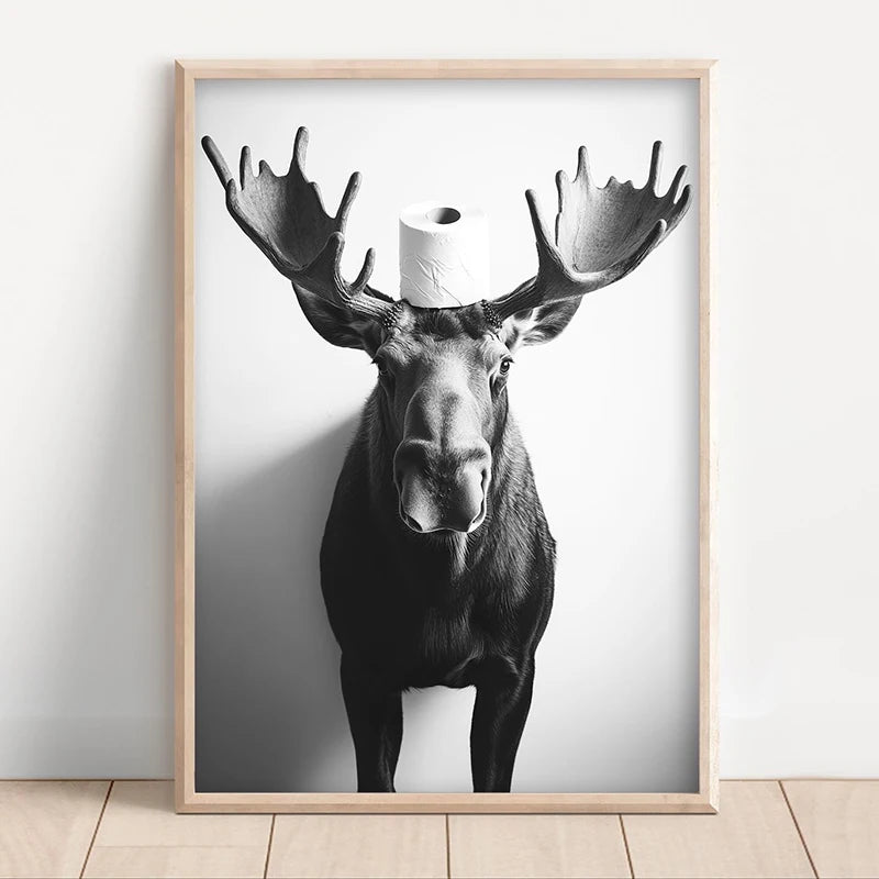 Funny Bathroom Wall Art Poster – Black & White Animal Toilet Paper Print