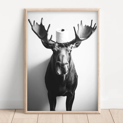 Funny Bathroom Wall Art Poster – Black & White Animal Toilet Paper Print