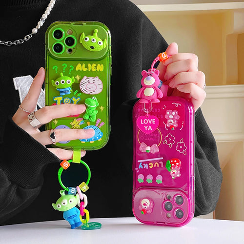 Cute Strawberry Bear iPhone Case with Mirror Stand & Charm Bracelet