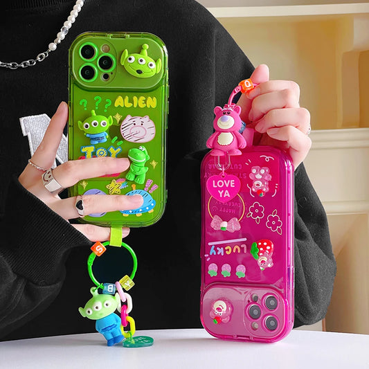 Cute Strawberry Bear iPhone Case with Mirror Stand & Charm Bracelet