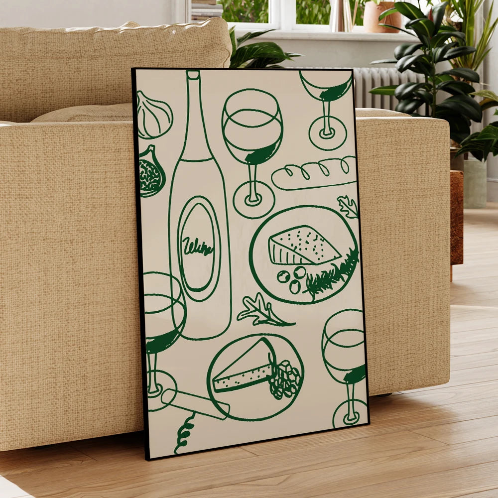 Wine & Cheese Wall Art Print – Aesthetic Bauhaus Kitchen Poster