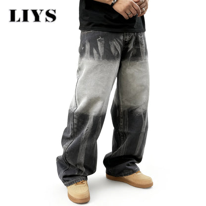 LIYS Tie-Dye Gradient Baggy Wide Leg Jeans – Unisex Streetwear Denim