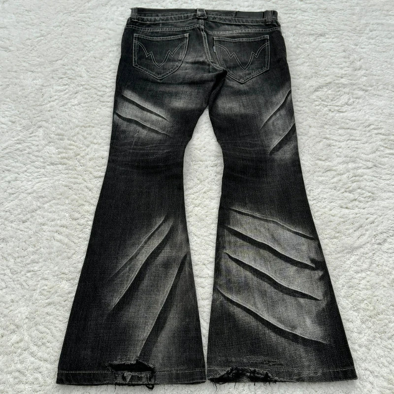 Claw Mark Flare Jeans – Y2K Gothic Lace-Up Double Waist Distressed Denim
