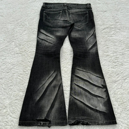 Claw Mark Flare Jeans – Y2K Gothic Lace-Up Double Waist Distressed Denim