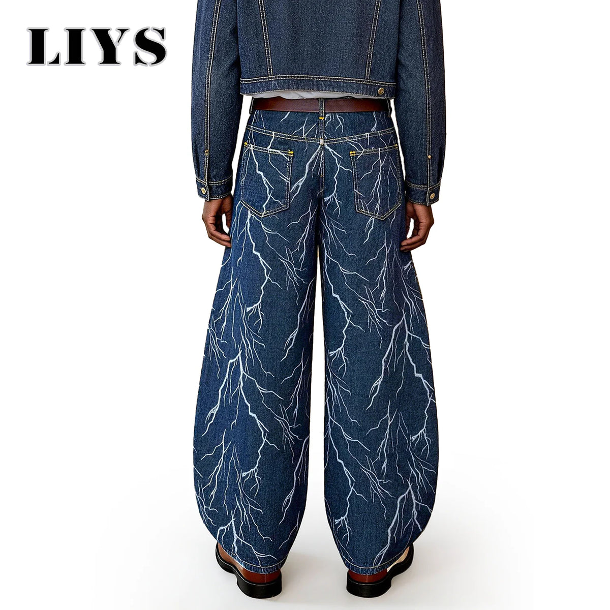 LIYS Lightning Print Baggy Wide Leg Jeans – Blue Streetwear Denim