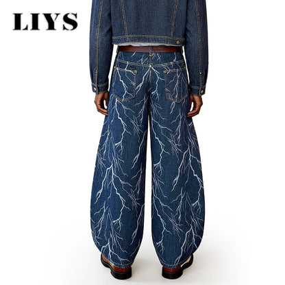 LIYS Lightning Print Baggy Wide Leg Jeans – Blue Streetwear Denim