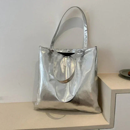 Glossy Tote Bags for Women Fashion High Capacity Shopping Pouch PU Leather Handags