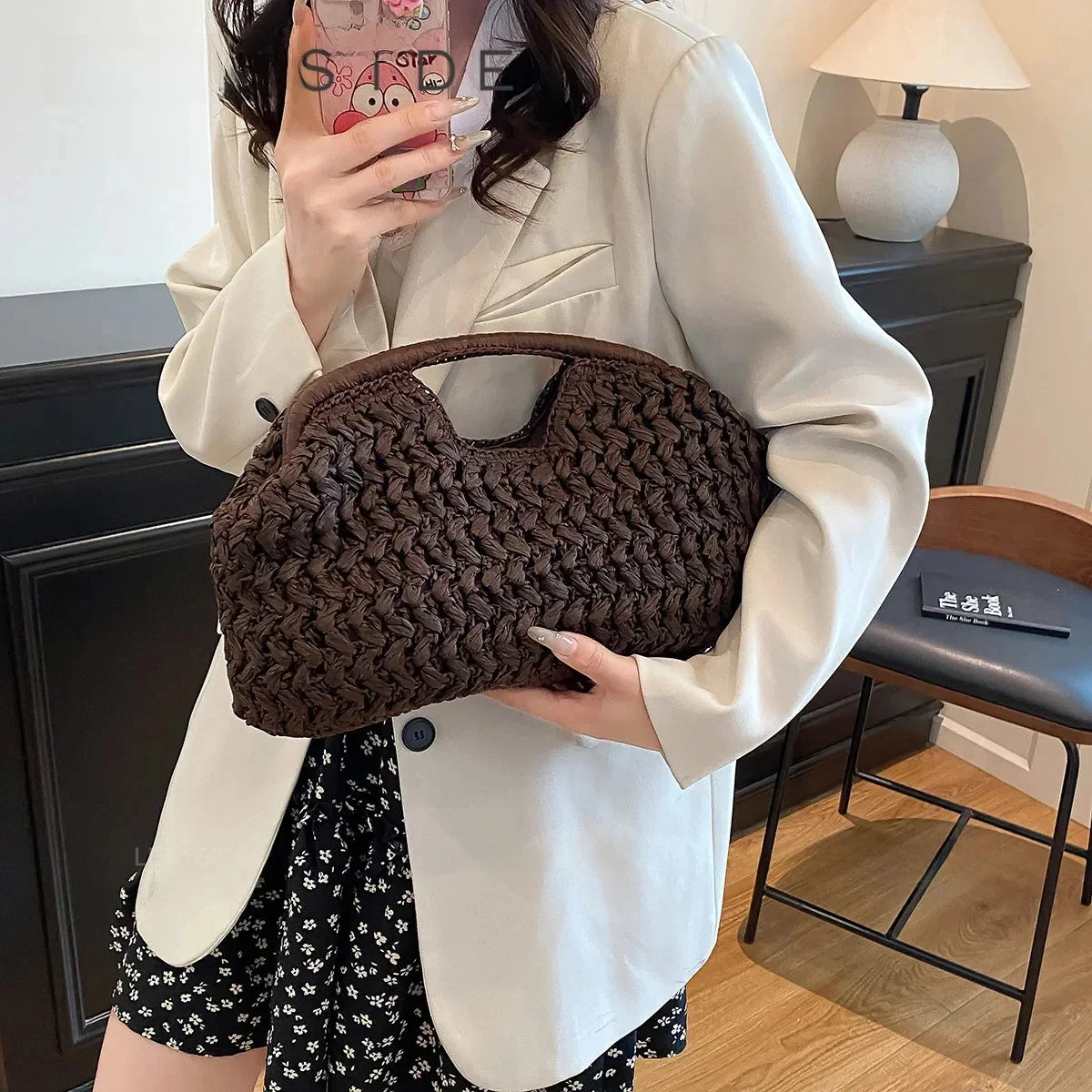 Woven Straw Top Handle Bag for Women – Boho Summer Handbag