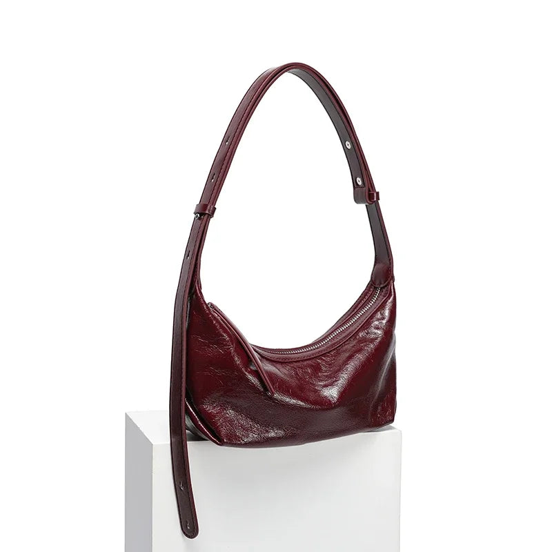 Burgundy Genuine Cowhide Leather Underarm Bag