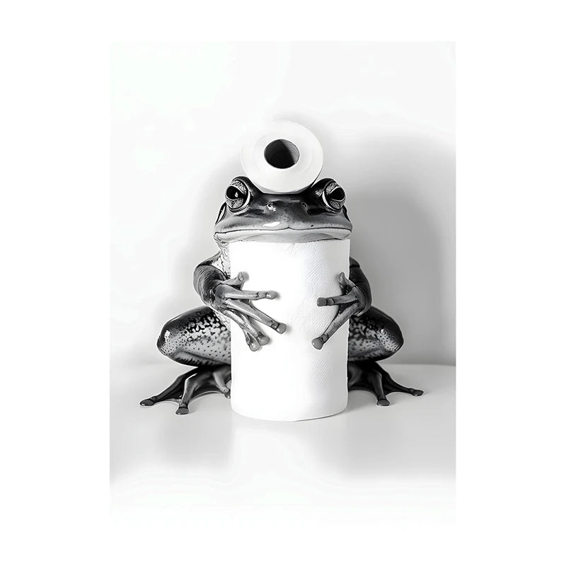 Funny Bathroom Wall Art Poster – Black & White Animal Toilet Paper Print