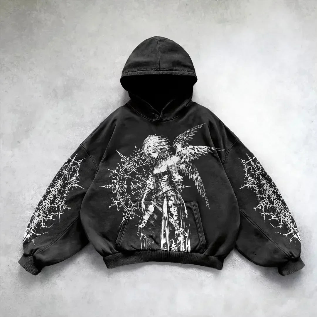 Oversized Goth Anime Hoodie – Y2K Angel Girl Graphic Print Streetwear