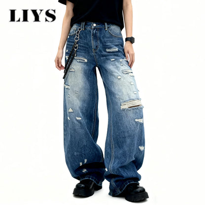 Blue Baggy Ripped Jeans – Men's Retro Goth Street Denim
