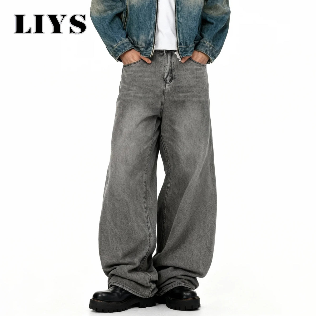 Retro Baggy Wide Leg Gray Washed Jeans – Men's Casual Straight Denim