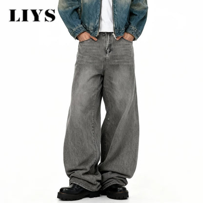 Retro Baggy Wide Leg Gray Washed Jeans – Men's Casual Straight Denim