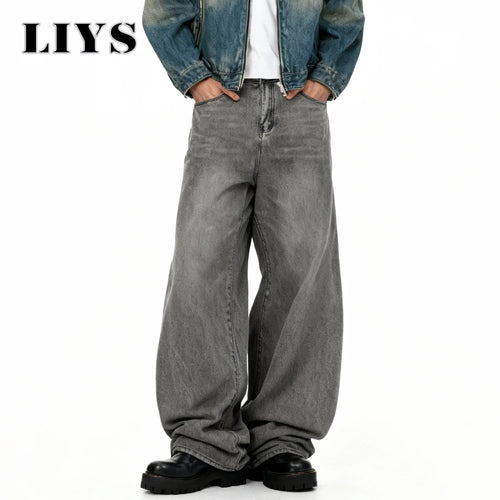 Retro Baggy Wide Leg Gray Washed Jeans – Men's Casual Straight Denim