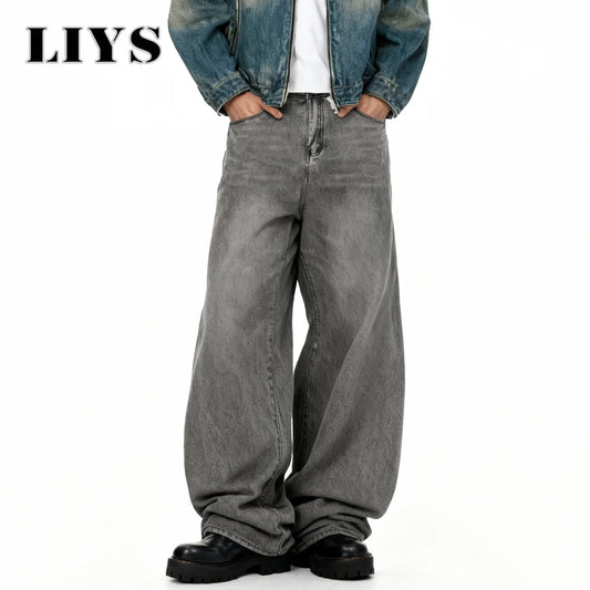 Retro Baggy Wide Leg Gray Washed Jeans – Men's Casual Straight Denim