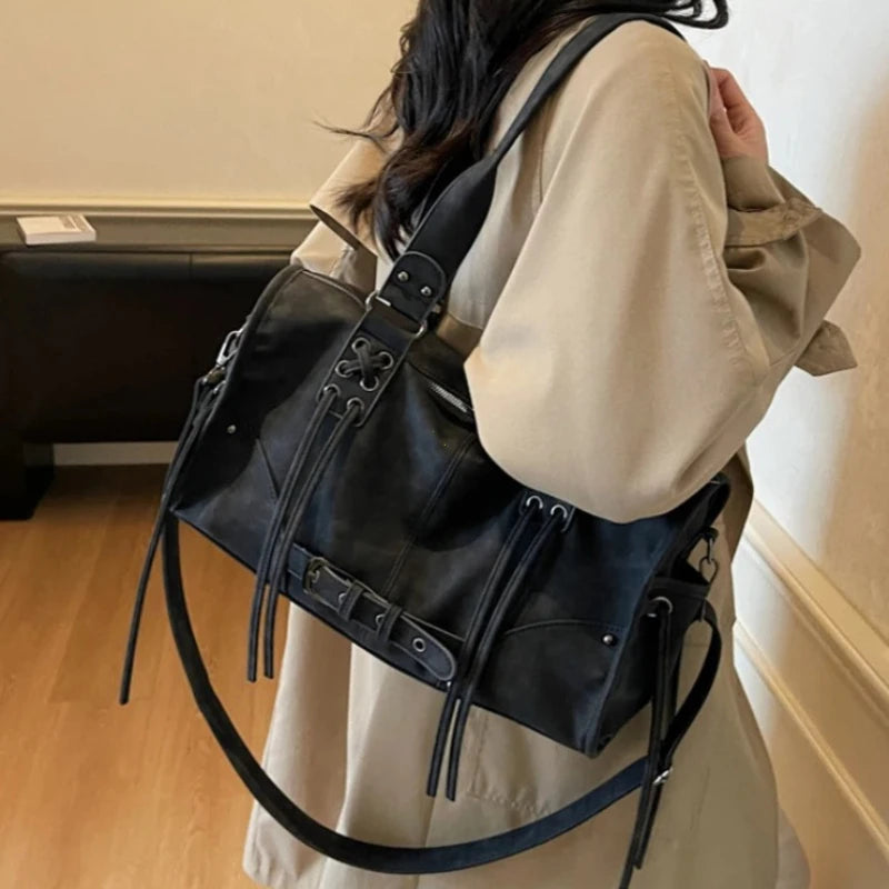 Retro Motorcycle Handbag Women Horizontal Tote Storage