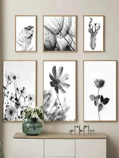 Black & White Floral Wall Art Print – Dandelion & Butterfly Poster