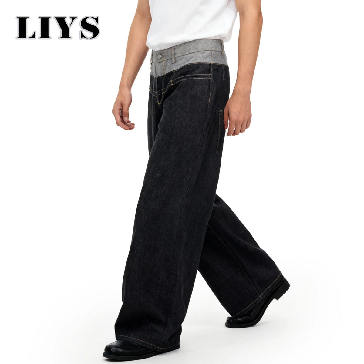 Men S Retro Personalized Double Waist Design Loose Wide Leg Jeans Street Denim Pants Gothic Baggy