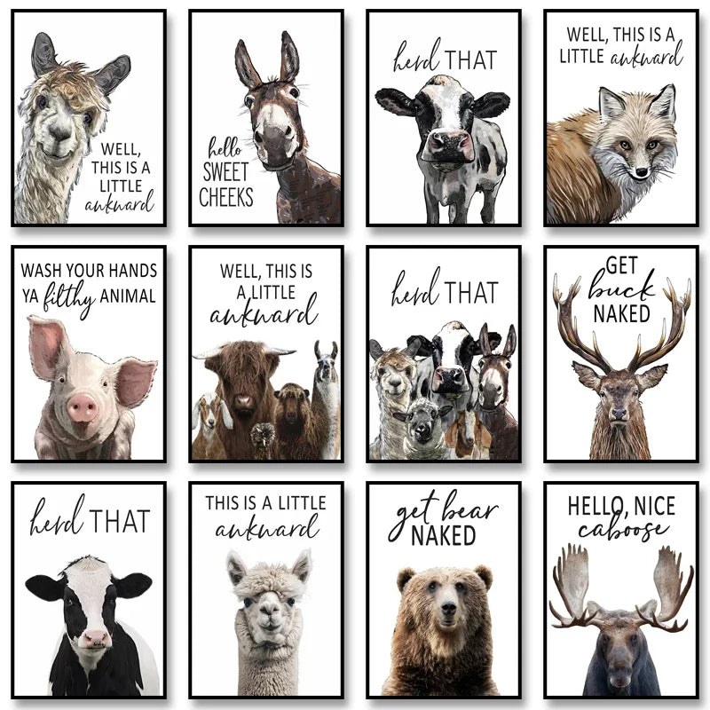 Funny Animal Bathroom Wall Art Poster – Cow, Donkey, Llama, Goat Print