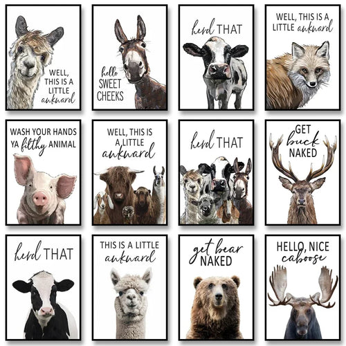Funny Animal Bathroom Wall Art Poster – Cow, Donkey, Llama, Goat Print